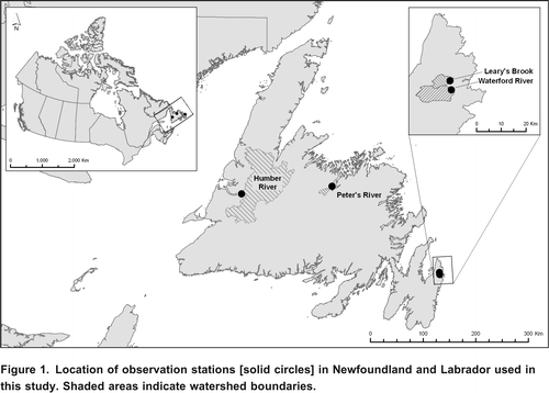 Figure 1. Location of observation stations [solid circles] in Newfoundland and Labrador used in this study. Shaded areas indicate watershed boundaries.