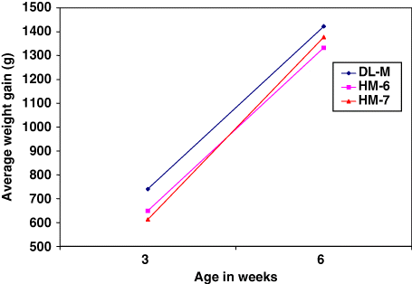 Figure 1. Average weight gain at 3 and 6 weeks of age.
