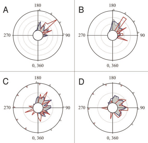 Figure 2 Though far less frequent, toward responses show similar ET peaks to away responses. Circular frequency distribution polygons of ETs in the four data sets analyzed in Domenici et al. (2008).Citation1 (A) singletons, (B) data-set 5i, (C) data from Camhi and Tom (1978),Citation9 (D) data from Comer and Dowd (1987).Citation10 Frequency values (shown as concentric circles of 0.1 each) are relative proportions of away responses (blue lines), towards responses (red lines), and the multimodal curves fitted for all the data in Domenici et al. (2008)Citation1 (grey-filled areas). Note that the away and towards ET peaks are in similar positions. Towards responses >180° are overshooting responses and are only seen in the data sets comprising (C and D). Red triangles in the 180−360° sector indicate mirror images of the peaks (grey triangles) found in the 0−180° sector for the distributions of away responses. Note that these overshooting ET peaks are approximately positioned at the mirror image of opposite away peaks.