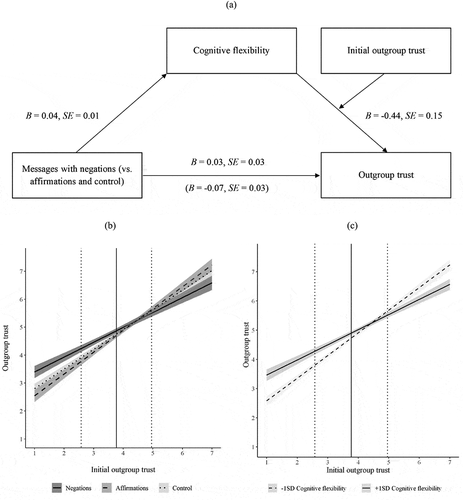 Figure 2. (a) Regression weights for the impact of messages with negations (vs. affirmations and no messages) on outgroup trust depending on initial outgroup trust via cognitive flexibility. (b) Outgroup trust as a function of message type (negations vs. affirmations vs. control) and initial outgroup trust. Shaded areas represent the 1 standard error margin. The solid vertical line represents the sample mean of initial outgroup trust; the dotted vertical lines mark one standard deviation below and above the mean, respectively. Reproduction of Figure 6 from Winter et al. (Citation2021a). (c) Outgroup trust as a function of cognitive flexibility and initial outgroup trust. Shaded areas represent the 1 standard error margin. The solid vertical line represents the sample mean of initial outgroup trust; the dotted vertical lines mark one standard deviation below and above the mean, respectively.