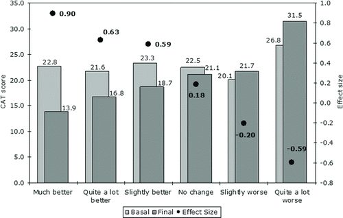 Figure 1.  Mean CAT scores at the first and second visit and effect size between visits.