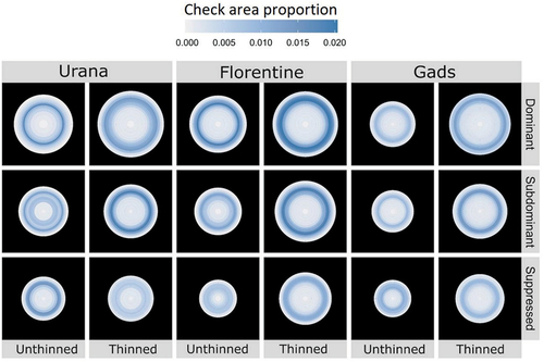 Figure 9. Spatial representation of check distribution on wood discs (sampled at 2.5 m) from wedge-derived radial prediction of checking. Predictions at ring level were obtained from Random Forest models. Dark blue regions represent areas with a higher proportion of checks. Ring widths were calculated based on the average ring width at the wedge level for each site, social status and treatment combination shown. The thinning treatment slightly shifts check concentrations towards the stem periphery, with the extent of the shift depending on site and social status