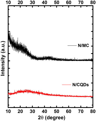 Figure 1. The XRD patterns for N/CQDs and N/MC.