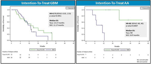 Figure 5. Overall survival by tumor histology in patient subgroup with two or more recurrences (intention-to-treat population). Left panel: Kaplan–Meier plot of overall survival in second recurrence subgroup patients with glioblastoma multiforme (GBM). Right panel: Kaplan–Meier plot of overall survival in second recurrence subgroup patients with anaplastic astrocytoma (AA). HR: hazard ratio, OS: overall survival