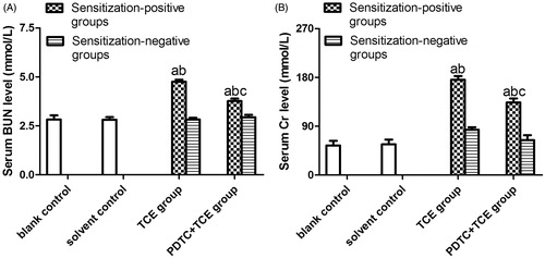 Figure 4. Serum BUN and Cr levels in the study mice. (A) BUN. (B) Cr. Value significantly different vs. asolvent control, bcorresponding sensitization-negative group, or ccorresponding sensitization-positive group (each p < 0.05).