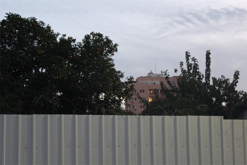 Figure 5. Steel gating and barbed wire surrounding Bayārat Abu Seif, as clementine trees peer over.