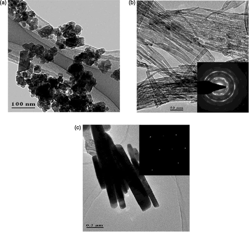 Figure 6. TEM images of Cu(OH)2 precipitates dried at 100°C (a) and as-prepared nanorods at room temperature (b) and 100°C (c). The selected area electron diffraction of the as-prepared nanorods is inserted Citation31.