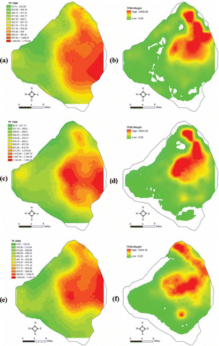 Figure 9. TP concentration (a, c and e) (mg/kg) and weights (b, d and f) (kg) estimated using the GWR model (TP vs. Fe) for 1988, 1998 and 2006.