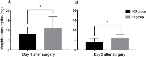 Figure 4 Comparison of bilateral morphine consumption 48h after surgery. (A) shows the total amount of morphine consumed in the RS and R groups on the first day after total knee arthroplasty. (B) shows the total amount of morphine consumed in the RS and R groups on the second day after total knee arthroplasty. *Indicates a statistical difference.