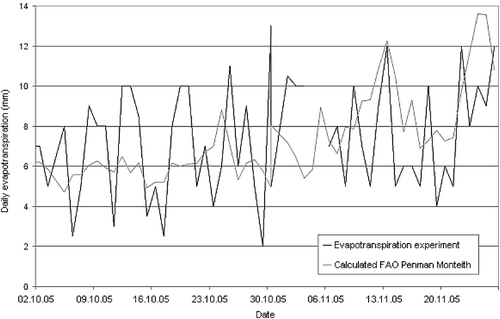 Fig. 7 Comparison of calculated and measured daily evapotranspiration values.