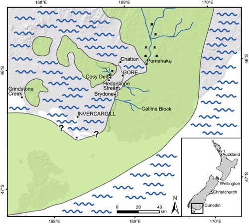Figure 1. Paleogeographic map showing the extent of the Late Oligocene sea overlaid on a modern map of southern New Zealand. Otoliths were collected for this study from Pomahaka, Chatton, Cosy Dell, Hedgehope Stream, Brydone and Grindstone Creek.