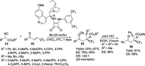 Figure 32 Application of Cinchona alkaloid squaramide in Michael addition of α-aryl isocyanoacetates to β-trifluoromethylated enones.