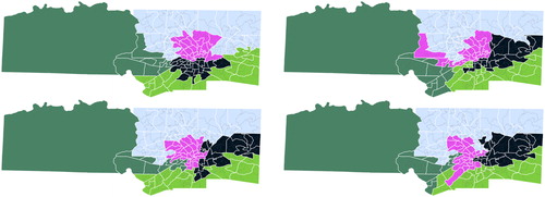 Fig. 3 First: The challenged State House districting within the Forsyth-Yadkin county cluster, and three examples of maps encountered by a sequence of random changes to this districting.