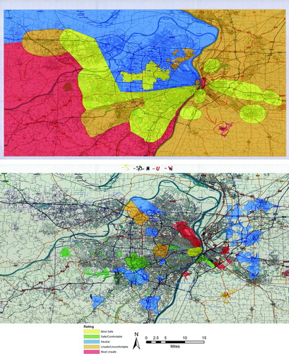 Figure 4 Example of digitized sketch maps for overlay analysis of public space experiences among two lesbian, gay, bisexual, and transgender study informants in St. Louis, Missouri. Subject A (top) and Subject F (bottom). (Color figure available online.)