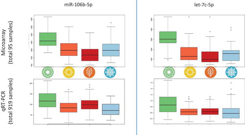 Figure 6. Comparison of microarray profiles and RT-qPCR-based validation for miR-106b-5p and let-7c-5p. Both miRNAs were significantly deregulated in the ANOVA over all seasons for microarray and RT-qPCR and clearly show a higher expression in spring than in other seasons in both experimental setups.