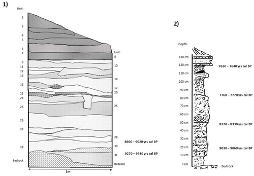 Figure 2. Trench profile of CV3/1 (Sample 1) (from Carter Citation2016) and CV3/P2 (Sample 2).