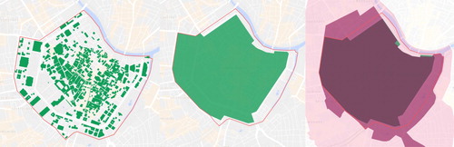 Figure 2. (Left to right) individually listed buildings (green), ensemble (green), overlay WH site (purple) and ensemble. Map data ©2018 Google.