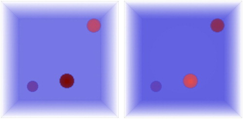 Figure 3. The real (left) and the imaginary (right) parts of the approximate solution of the model inverse problem with noiseless data: nl=0%. The wave frequency is 27 GHz.