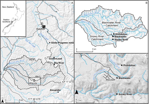 Figure 1. Location maps for the Waiuta town and associated mining and processing sites. A, Waiuta in relation to some other gold mines in the Reefton Goldfield. B, The Blackwater and Snowy River catchments that drain the area, with Prohibition and Blackwater mine shaft sites and Snowy River processing site. C, Waiuta ghost town, showing the local drainage and topography in the region of Prohibition site of this study.