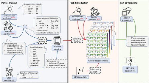 Figure 1. Study overview. The UFLUX framework includes three major parts. Part 1: tower-level upscaling model training. This part also considers factors affecting the upscaling performance by feeding with different parameter combinations. Part 2: producing upscaled GPP, Reco, NEE, H, and LE fluxes using the trained models. Upscaled estimates of NEE are produced from upscaled Reco and GPP (i.e. NEE = Reco – GPP), however we also validate this against directly upscaled NEE. Part 3: validating the upscaled models and products at both tower and global scales. Global NEE variability is also assessed using the upscaled products.