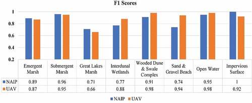 Figure 7. RF classifier F1 scores for the natural communities between NAIP and UAV imagery for Pointe aux Chenes.
