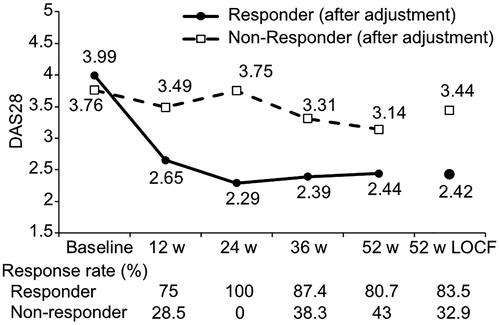 Figure 4. Trends in DAS28 after adjustment. The mean DAS28 of Responders and Non-responders after propensity score matching is shown. The solid line is Responders and the broken line is Non-responders. LOCF, last observation carried forward.