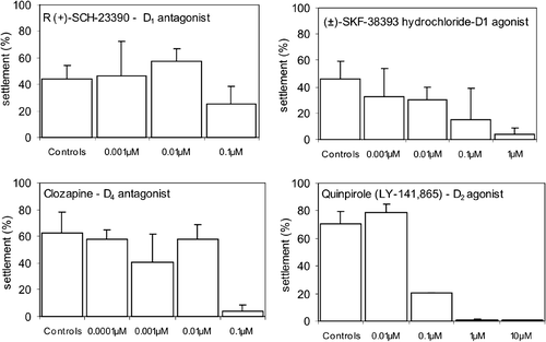 Figure 3 Effects of different concentrations of dopamine receptor agonists and antagonists on the settlement rate ofB. improvisus newly hatched (day 0) cyprids. The bars represent mean settlement (%) observed 6 days after the beginning of the experiment±SD. Concentrations in which settlement is lower than 1% are not presented in the figure but listed in Table II. *P⩽0.05; **P⩽0.01; ***P⩽0.001; ****P⩽0.0001.