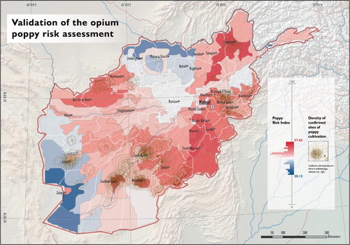 Figure 6. Opium poppy risk regions in comparison with the density of confirmed sites of poppy cultivation (shown as dot density maps; dots do not represent real locations of opium poppy fields).