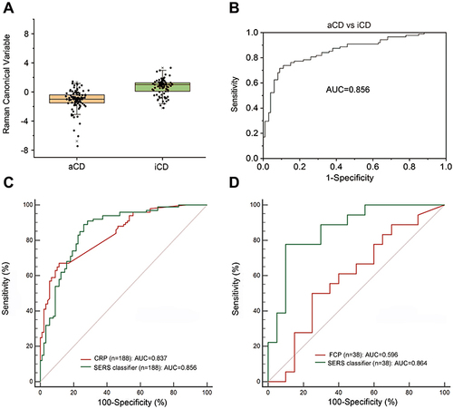 Figure 3 (A) The Raman canonical variable score obtained for aCD and iCD patients. Data are shown as box and whisker plots. Each data point represents an individual subject analysed. Each box represents the median and upper and lower quartiles. (B) Receiver operating characteristic curves of the SERS classifier by PCA-SVM to discriminate aCD from iCD patients. (C and D) Diagnostic efficiency of the classifier model and clinical biomarkers for disease activity measured by receiver operating characteristic curves. (C) SERS classifier model [green curve] vs CRP [red curve]; (D) SERS classifier model [green curve] vs FCP [red curve].