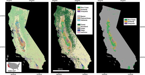 Figure 3. Creating cultivated mask: re-coding of USDA-CDL classification (132 classes) to 11 land-cover classes. The right panel shows the three cultivated cover classes.