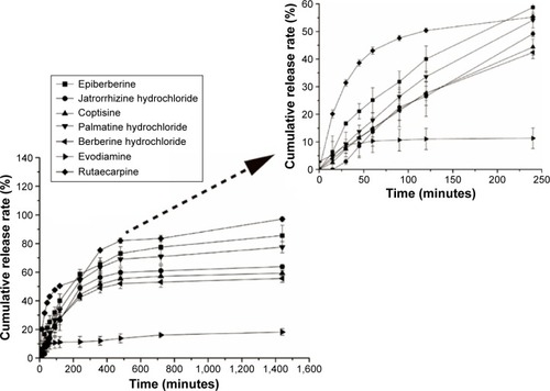 Figure 4 Release curves of seven alkaloids from alginate–chitosan microspheres loaded with total alkaloids extracted from Coptis chinensis and Evodia rutaecarpa.