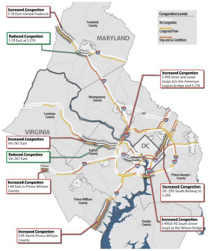 Figure 1. Metro Washington traffic congestion in 2040. Source: MWCOG: https://www.mwcog.org/clrp/performance/congestion.asp.