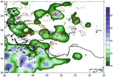 Figure 10. Occurrence likelihood (%) of a magnitude 6 and/or higher earthquake in the next 25 years.