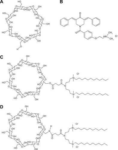 Figure 1 Chemical structures of (A) CD, (B) NC 2067, (C) CDgemini surfactant (ester linker), and (D) CDgemini surfactant (amide linker).Abbreviations: CD, β-cyclodextrin; CDgemini surfactant, β-cyclodextrin-gemini surfactant.