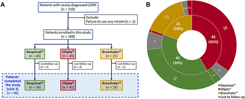 Figure 1 (A) Flowchart showing the enrollment of patients. (B) Bullseye plot showing the numbers of patients choosing different inhalers on the visit 1 (inner circle) and the decision of keeping or changing inhalers on the visit 2 (outer circle).
