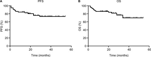 Figure 1 Kaplan–Meier estimates of progression-free survival (PFS) and overall survival (OS) of the entire cohort.Notes: (A) Survival analysis for PFS. The 2-year PFS rate for all patients was 75.9%. (B) Survival analysis for OS. The 2-year OS rate for all patients was 82.9%.