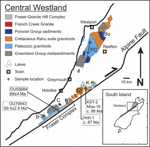 Figure 1 Simplified geological map of central Westland, modified after Nathan et al. (Citation2002). Sample locations are indicated by the green dots, accompanied by sample number and obtained dike intrusion ages. B, Bonar Range; Bu, Buller Gorge; C, Mt Camelback; G, Granite Hill; H, Hohonu Range; K, Mount Te Kinga; L, Lake Kaniere; M, Lake Brunner; PC, Paparoa Core Complex with arrows indicating the direction of stretching lineations (Tulloch & Kimbrough Citation1989); T, Mount Turiwhate.