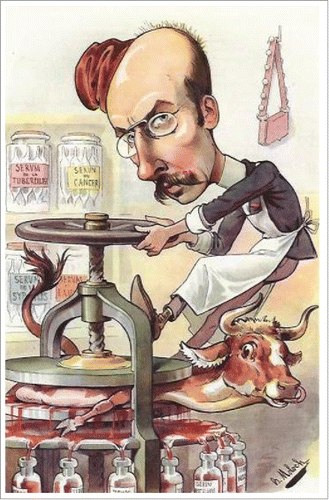 Figure 4. Caricature of Jules Héricourt published in the issue #75 of Chanteclair in 1911 (Fonds Watier, Rabelais Fundation; University Library of Medicine, Université François-Rabelais de Tours). Just after their works on serotherapy, Richet and Héricourt set up a raw meat juice-based therapy against tuberculosis, which they called “zomothérapie.” This picture shows Héricourt squeezing out raw meat juice with a printing press. In the background, some various sera phials remind his contributions to serotherapy (tuberculosis, cancer, syphilis). A cartridge pouch on the wall (pink-colored because of the “Revue rose,” nickname of the “Revue scientifique” for which Héricourt was successively secretary, chief editor and manager, from 1887 to 1903) evokes the military past of Héricourt.