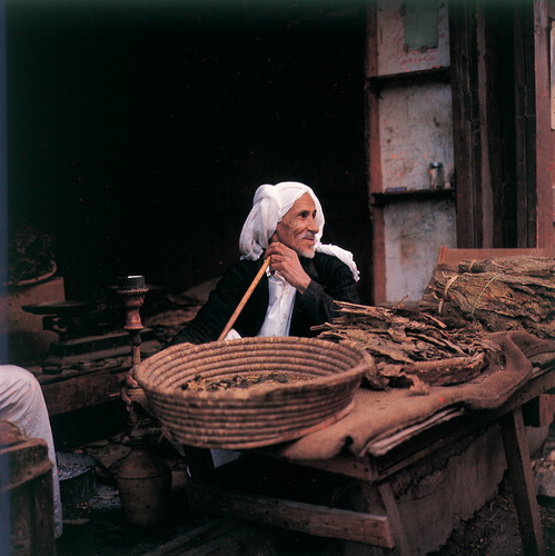 Figure 9: A tobacconist gets a turn at the pipe, Bahrain 1959 (Adam Wiehe photo / Moesgaard Museum).