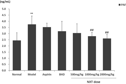 Figure 7. Effects of NXT on platelet activating factor (PAF) in the rat blood stasis model.Note: Data are presented as means ± SD (n = 7). **P < 0.01 compared with the normal group, ##P < 0.01 compared with the model group.