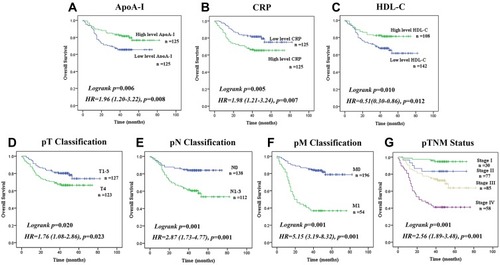 Figure 1 Analysis of overall survival in CRC patients. Kaplan–Meier survival curves for overall survival of CRC patients, according to serum level of (A) ApoA-I (Low level:< 1.08(mg/dL), n=125; High level: ≥1.08(mg/dL), n=125), (B) CRP (Low level:< 3.04(mg/dL), n=125; High level: ≥3.04(mg/dL), n=125), (C) HDL-C (Low level:< 1.18(mg/dL), n=142; High level: ≥1.18(mg/dL), n=108) and classification of (D–G) pT, pN, pM, and TNM stage. (log rank test used to calculate P-values.).