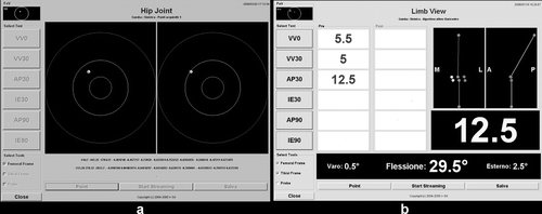 Figure 2. Software interface during (a) the anatomical registration phase and (b) antero-posterior laxity tests.