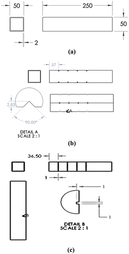 Figure 4. (a) Empty hollow tube (EHT), (b) Empty hollow tube V-notch (EHTV) and (c) Empty hollow tube horizontal groove (EHTHG).