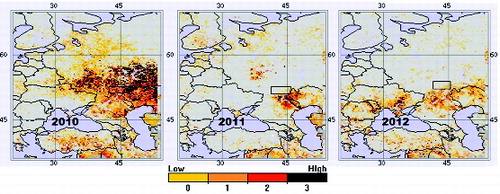 Figure 5. Drought area and intensity for the European Russia and western Kazakhstan in 2010–2012 (Rectangle indicates SO location).