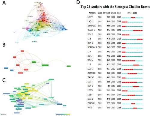 Figure 7 Analysis of authors: (A) map of author collaboration network, (B) top 10 authors in the number of published articles, (C) author map with more than 5 articles, (D) authors with the citation bursts.