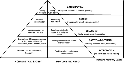 Figure 1 A social hierarchy of needs related to diabetes showing social needs as being either at the individual/family system or the community/society system. Examples of social determinants of health (SDoH) are given for each hierarchy (rows in pyramid) and system level (columns in pyramid) and are not meant to be inclusive of all social needs. In following the hierarchy, lower-level SDoH will take priority in terms of an individual’s motivation towards diabetes health over higher level SDoH.