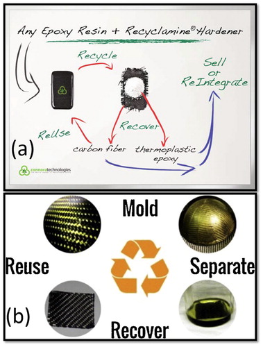 Figure 9. Conceptual representations of two recently founded startup companies that focus on the development of recyclable thermoset for composite applications. Connora (a) uses degradable linkages to obtain thermoplastic recyclates. Mallinda (b) uses polyimine networks that can be separated by dissolution.[Citation18,Citation20]