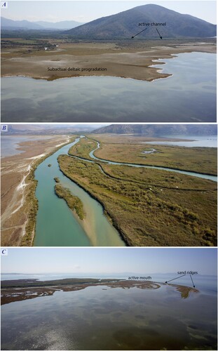 Figure 5. Coastal landforms of the active front of the delta (Referred to as field photographs A, B, C on the main map for their location) (copyright Aeroview 2016-2017).