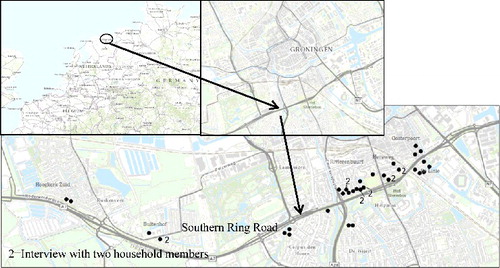 Figure 2. Map of research area (the respondents’ homes are marked with dots).