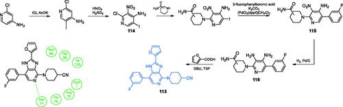 Scheme 26. Synthesis of imidazo[4,5-C]pyridine-based potential GlcN-6-P synthase inhibitor, according to Jose et al.Citation94 and its predicted binding mode to the GAH active centre of GlcN-6-P synthase; H-bonds are shown by dashed lines.